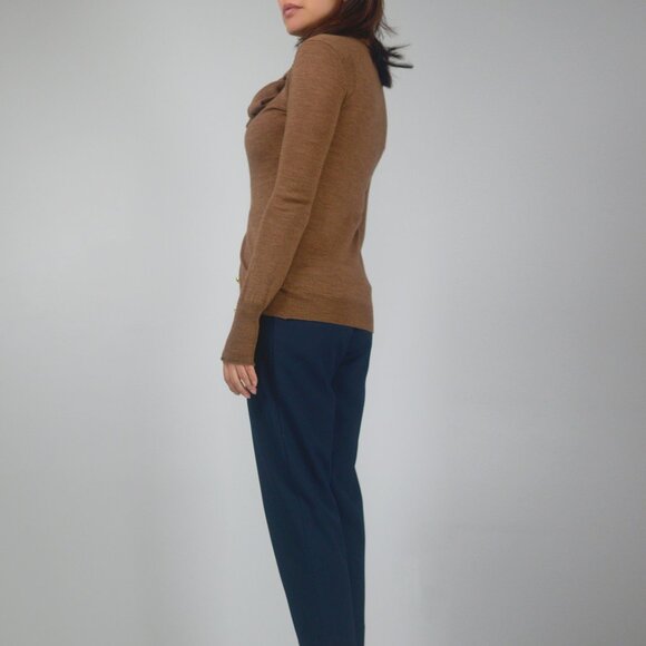 Pink Tartan Merino Wool Caramel Cardigan with Gold Buttons & Tie Neck, sz XS - Picture 4 of 13